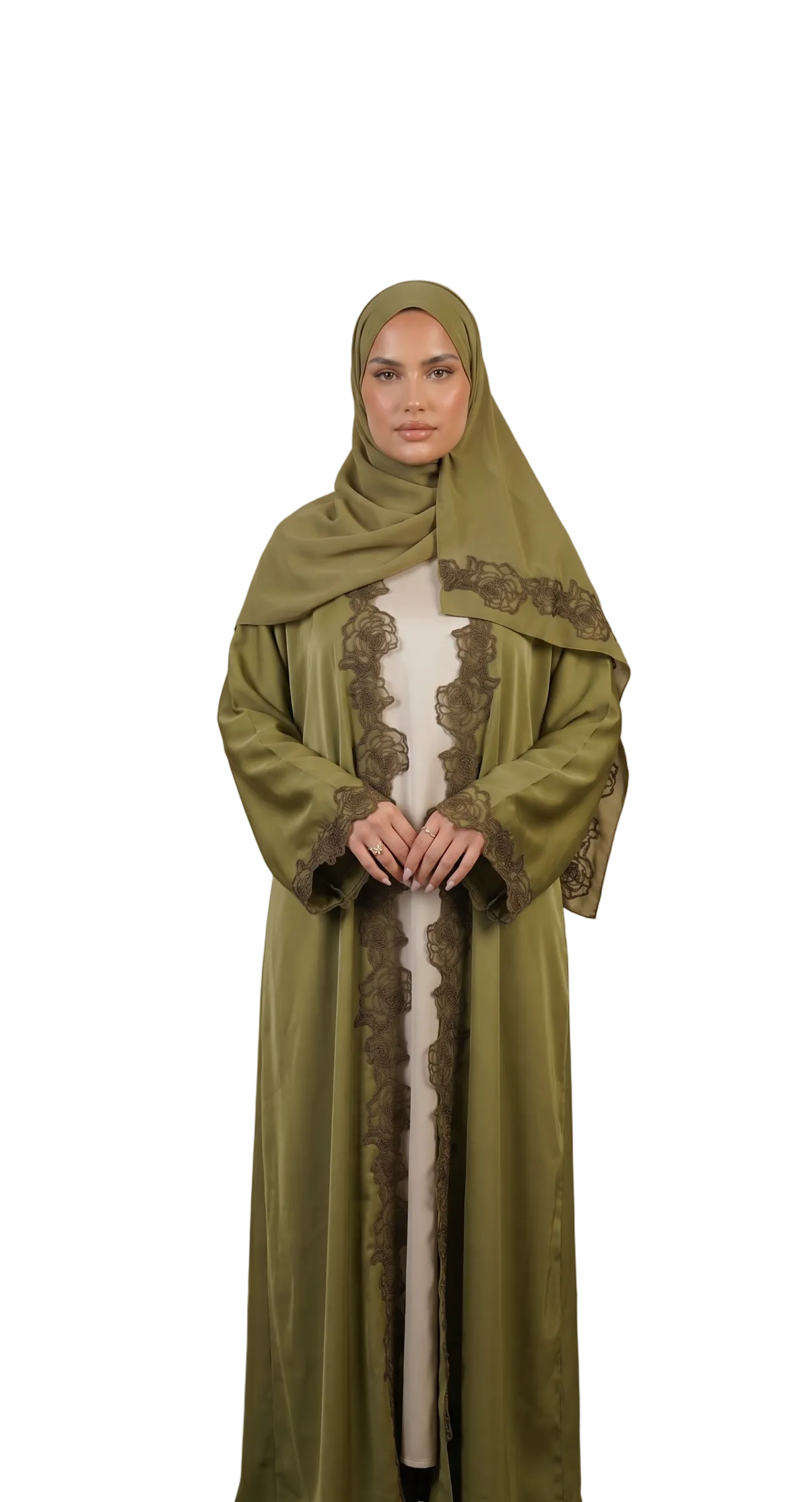 PRE ORDER Nida Open Lace Abaya Olive – HIDAYA LONDON