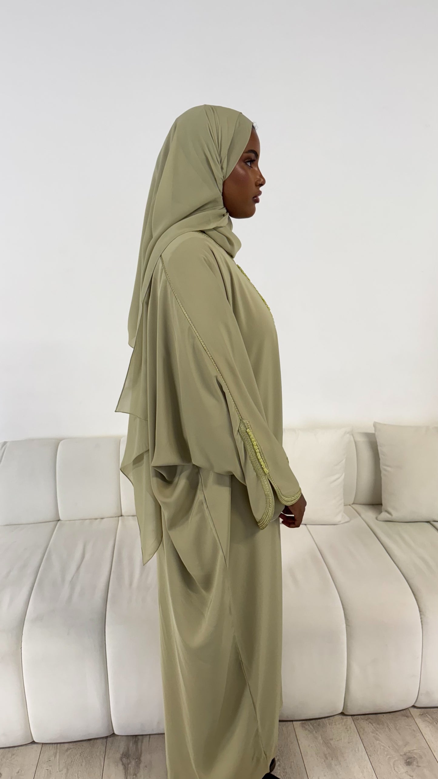 Pre-Order Moroccan Embroidered Abaya Soft Olive