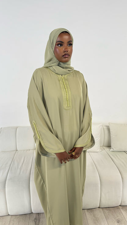 Pre-Order Moroccan Embroidered Abaya Soft Olive