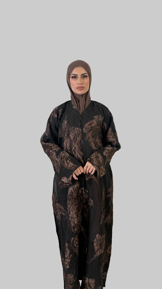 Floral Jacquard Abaya Black & Bronze
