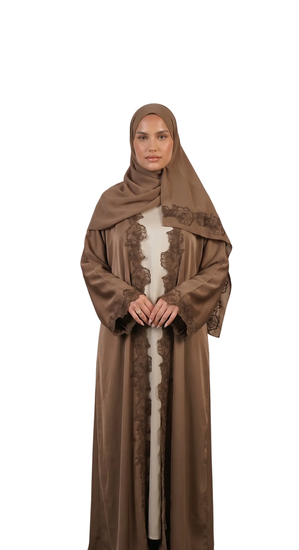 PRE-ORDER Nida Open Lace Abaya Chestnut Brown