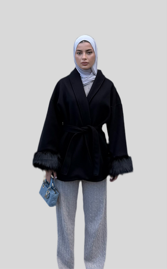 Fur Sleeved Winter Coat - Black