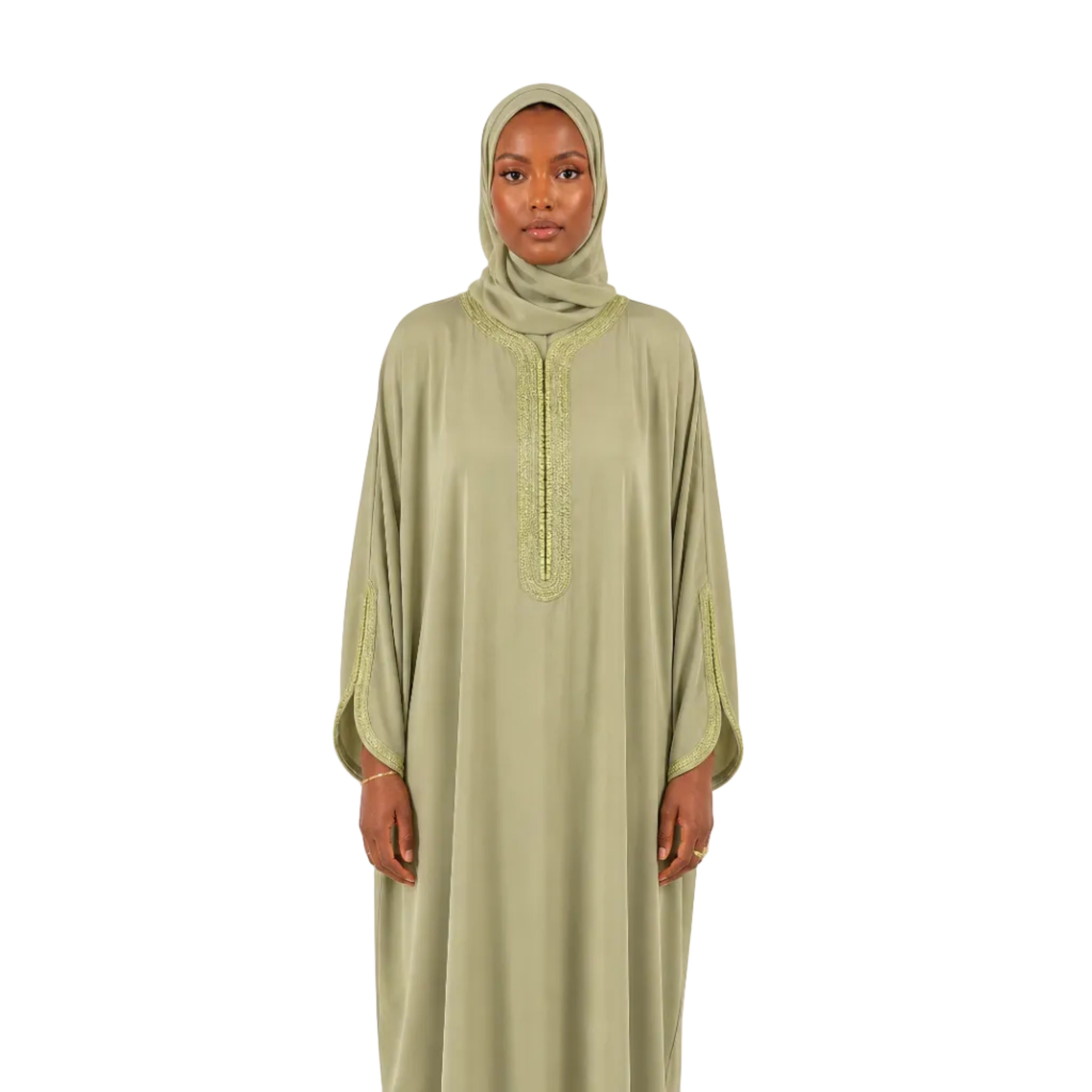 Moroccan Embroidered Abaya Soft Olive