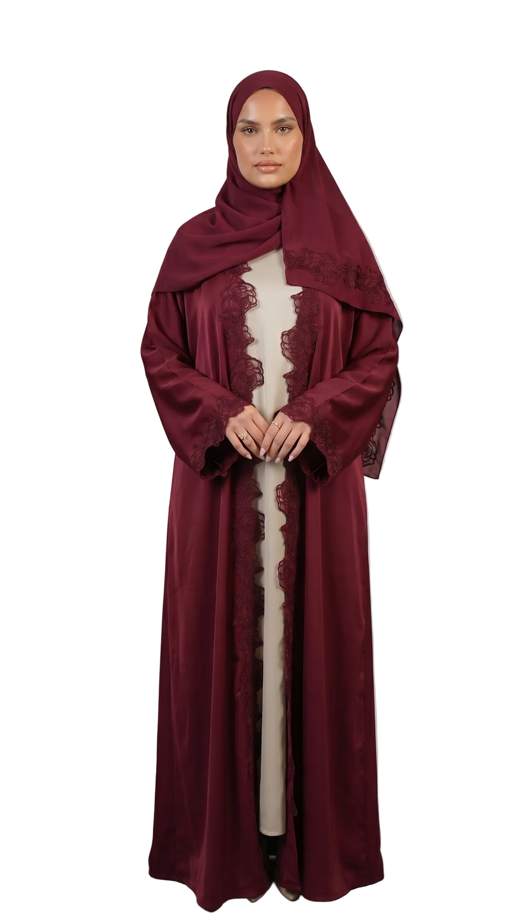 PRE ORDER Nida Open Lace Abaya Cherry