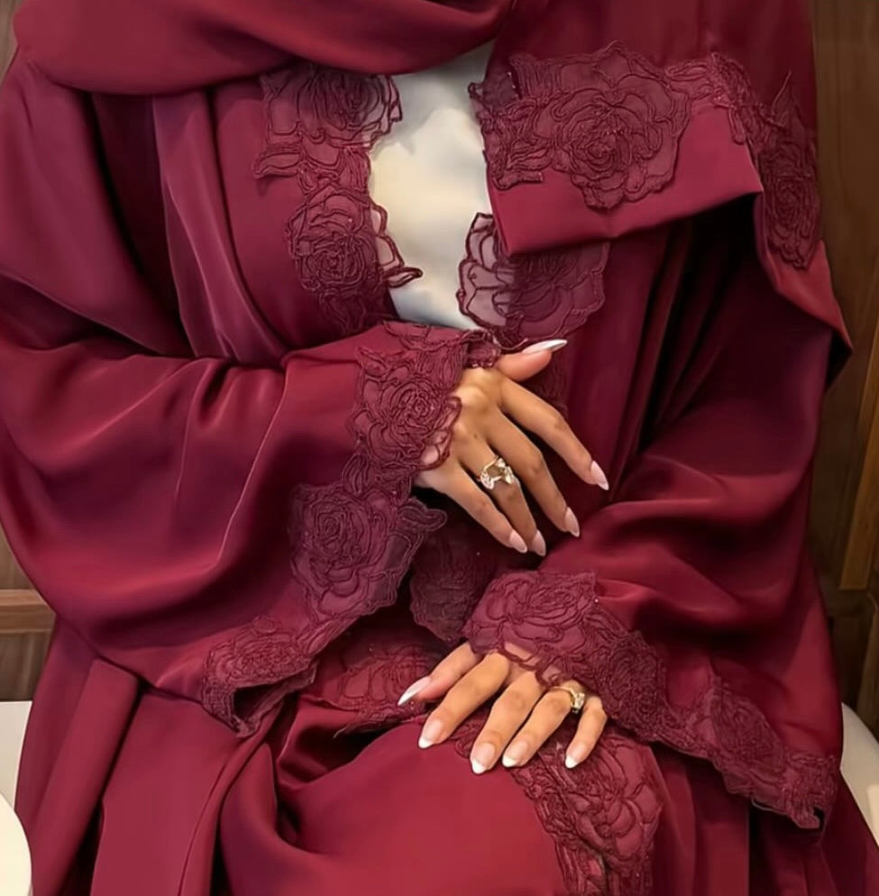 PRE ORDER Nida Open Lace Abaya Cherry