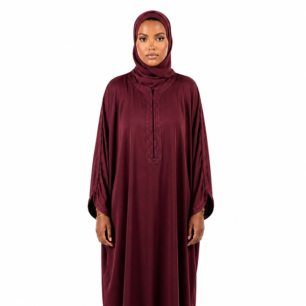 Moroccan Embroidered Abaya Burgundy
