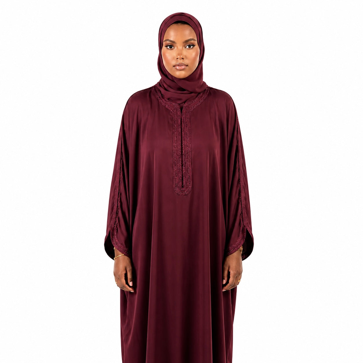 Moroccan Embroidered Abaya Burgundy