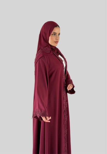 Open Nida Lace Abaya Cherry