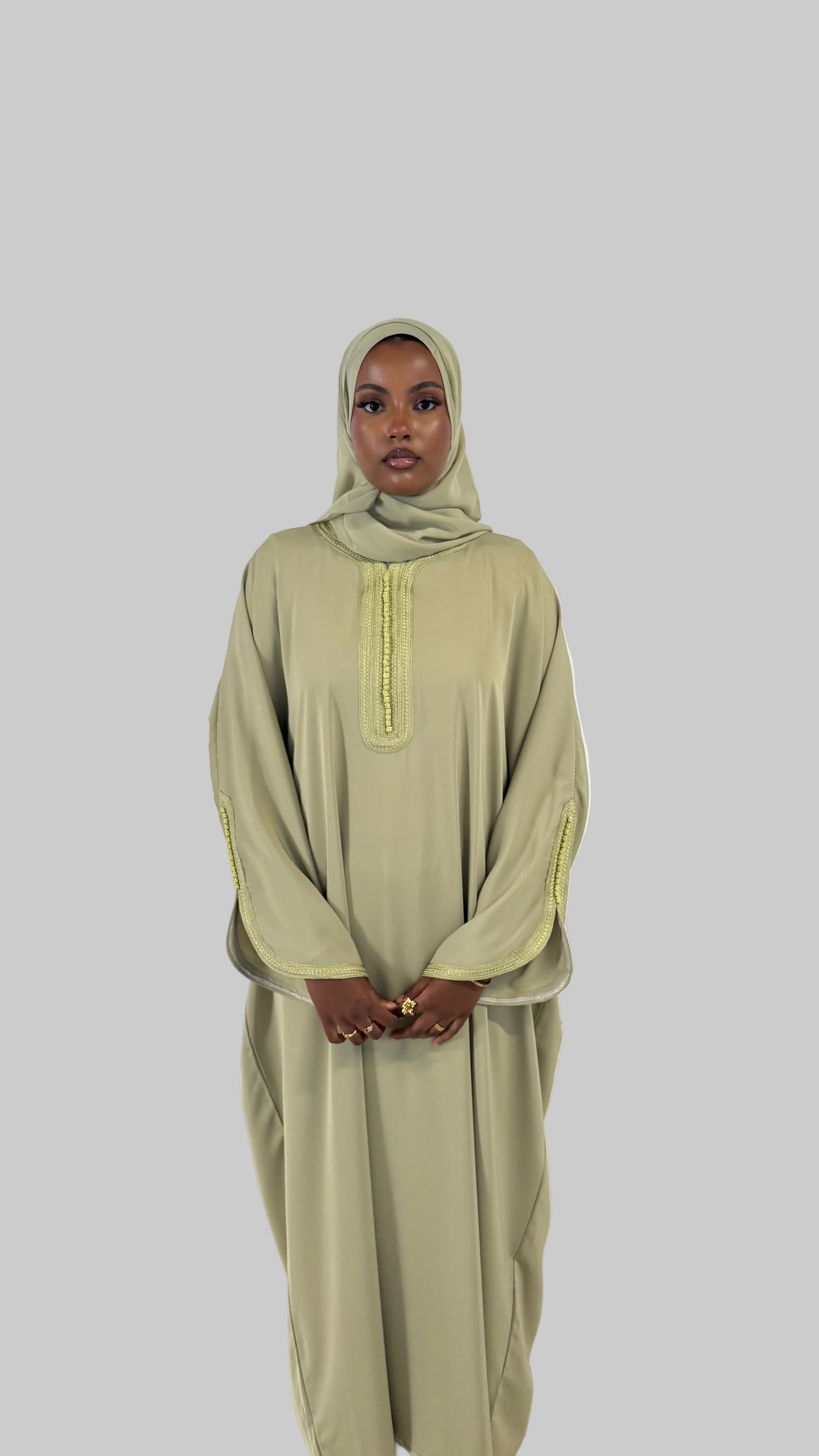 Pre-Order Moroccan Embroidered Abaya Soft Olive