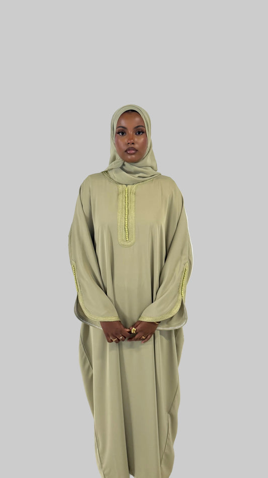 Pre-Order Moroccan Embroidered Abaya Soft Olive