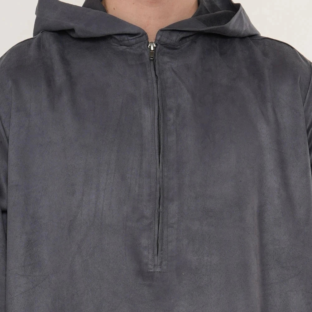 Omani Zipped Thobe Suede - Charcoal Grey
