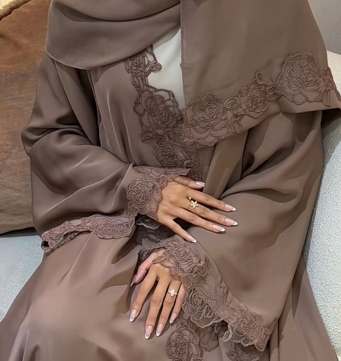 PRE-ORDER Nida Open Lace Abaya Chestnut Brown