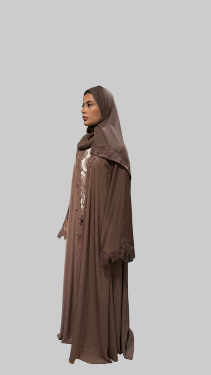 Nida Open Lace Abaya Velvet Brown