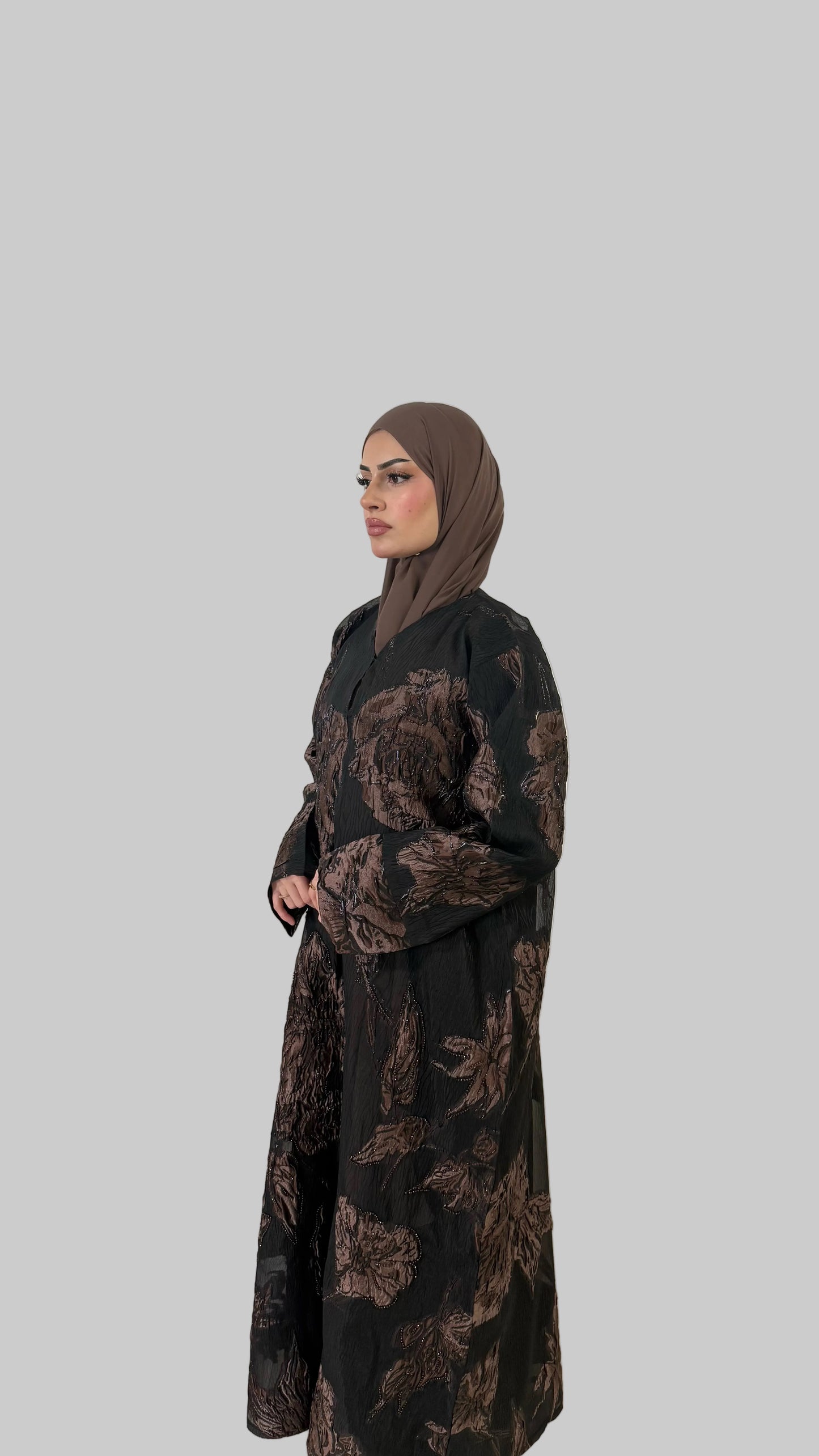 Floral Jacquard Abaya Black & Bronze