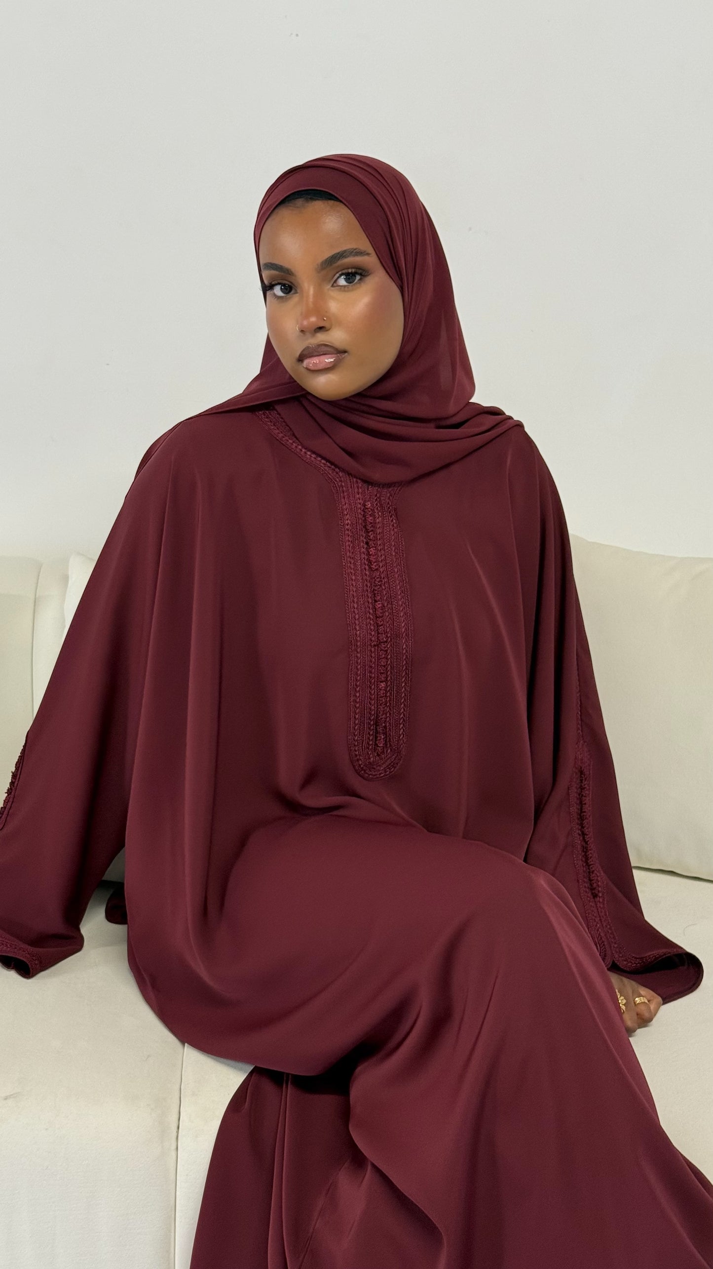 Pre-Order Moroccan Embroidered Abaya Burgundy