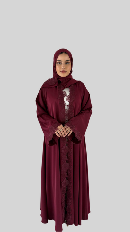 Open Nida Lace Abaya Cherry